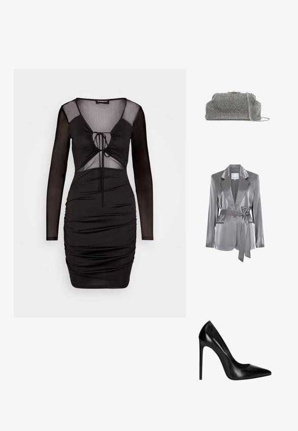 Zilveren satijnen blazer met lange mouwen, geknoopte revers, een strikgordel in de taille en twee voorzakken. Gladde textuur en een slank ontwerp.; Even&Odd by Zalando Cocktailjurk - black; Zwarte leren hoge hak met een puntige neus en een gladde textuur. Heeft een slanke silhuette en een stiletto hak.; Reiss ADALINE EMBELLISHED - Clutch - silver coloured