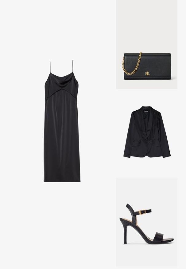 Schwarze Satin-Blazer mit Schalkragen, Ein-Knopf-Verschluss und zwei Vordertaschen. Glatte Textur und taillierte Passform.; Schwarzes Satin-Nachthemd mit dünnen Spaghettiträgern, einem drapierten Ausschnitt und einer geraden Silhouette. Glatte Textur und minimalistisches Design.; Schwarze Sandalen mit hohen Absätzen und glattem Leder-Obermaterial, offene Zehenpartie und einem Design mit einem einzigen Riemen, verziert mit einer goldenen Schnalle.; Schwarze Lederbörse mit einer goldenen Kettenriemen, ausgestattet mit einem goldenen Logo auf der Vorderseite. Minimalistisches Design mit einer glatten Textur und schlanker Form.