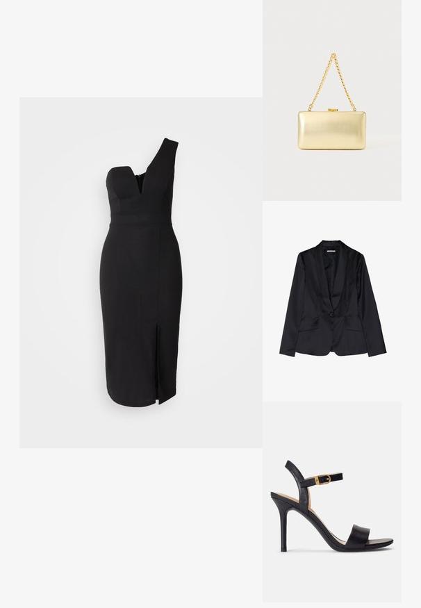 Schwarze Satin-Blazer mit Schalkragen, Ein-Knopf-Verschluss und zwei Vordertaschen. Glatte Textur und taillierte Passform.; Schwarz eng anliegendes Kleid mit einem Schulterdesign, V-Ausschnitt und einem seitlichen Schlitz. Hergestellt aus einem glatten Stoff mit einem eleganten Finish.; Schwarze Sandalen mit hohen Absätzen und glattem Leder-Obermaterial, offene Zehenpartie und einem Design mit einem einzigen Riemen, verziert mit einer goldenen Schnalle.; Rechteckige goldene Clutch mit glänzender Oberfläche, Metallverschluss und kurzem goldenen Kettenhenkel vor hellem, einfarbigem Hintergrund.