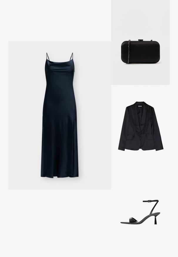 Schwarze Satin-Blazer mit Schalkragen, Ein-Knopf-Verschluss und zwei Vordertaschen. Glatte Textur und taillierte Passform.; Langes schwarzes Satinkleid mit dünnen verstellbaren Trägern und einem seitlichen Schlitz auf hellem, einfachem Hintergrund.; Bershka High Heel Sandalette - black; Schwarze rechteckige Clutch aus glattem Material. Verfügt über einen abnehmbaren Kettenriemen und einen metallischen Verschluss oben. Einfaches Design mit abgerundeten Kanten.