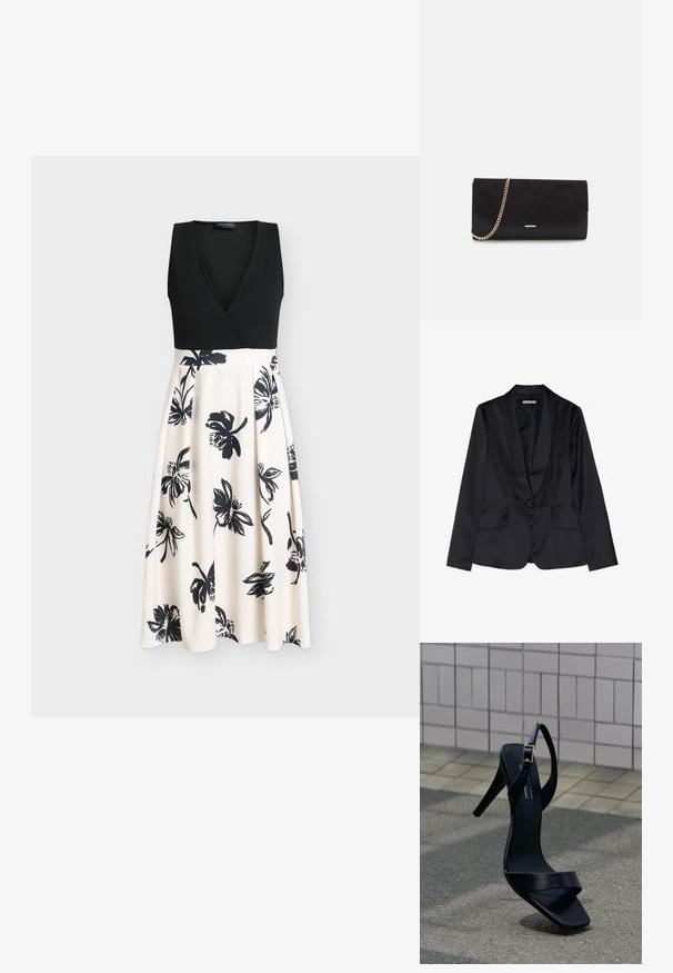 Sort satin blazer med sjalslapel, enkel knaplukning og to frontlommer. Glat tekstur og skræddersyet pasform.; Sort ærmeløs kjole med en omslagsbluse og et flydende beige skørt med sorte blomsterprint. Glat stof med en tætsiddende overdel.; Sort højhælet sandal med ankestrop og firkantet tå placeret på fortovet mod en baggrund af flisebelagt væg.; Sort clutch taske lavet af ruskind med en struktureret overflade, udstyret med en guld kædestrop og et elegant, kantet design.