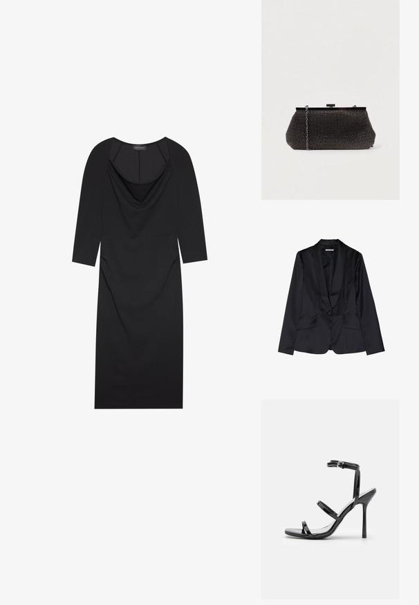 Blazer en satin noir avec un col châle, fermeture à un bouton et deux poches avant. Texture lisse et coupe ajustée.; Robe noire avec décolleté drapé, manches trois-quarts, silhouette ajustée et subtile fronce sur les côtés. Fabriquée en tissu lisse.; Sandales à talons hauts en cuir verni noir avec trois sangles horizontales et une sangle de cheville ajustable. Silhouette élégante et finition brillante.; Pochette noire en mesh avec une silhouette structurée, ornée de petits clous métalliques, dotée d'une fermeture à clip et d'une bandoulière en chaîne détachable.