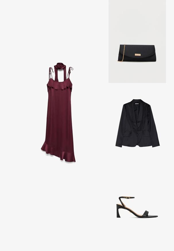 Blazer en satin noir avec un col châle, fermeture à un bouton et deux poches avant. Texture lisse et coupe ajustée.; Robe en satin bordeaux avec des bretelles réglables, un décolleté froncé et un ourlet asymétrique avec un accent froncé en bas.; Sandale en cuir noir au design minimaliste, présentant une fine bride de cheville avec une boucle dorée et un talon bas et incliné.; Pochette noire avec une chaîne dorée et une petite plaque rectangulaire dorée sur le rabat avant.