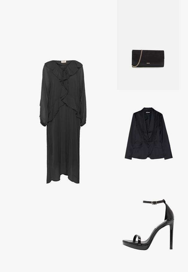 Blazer de satén negro con solapa de chal, cierre de un solo botón y dos bolsillos frontales. Textura suave y corte entallado.; Soaked in Luxury SLMaxi - Vestido largo - black; Steve Madden MILANO - Sandalias de tacón - black; Bolso de mano negro hecho de ante con un acabado texturizado, que presenta una cadena dorada y un diseño elegante y angular.