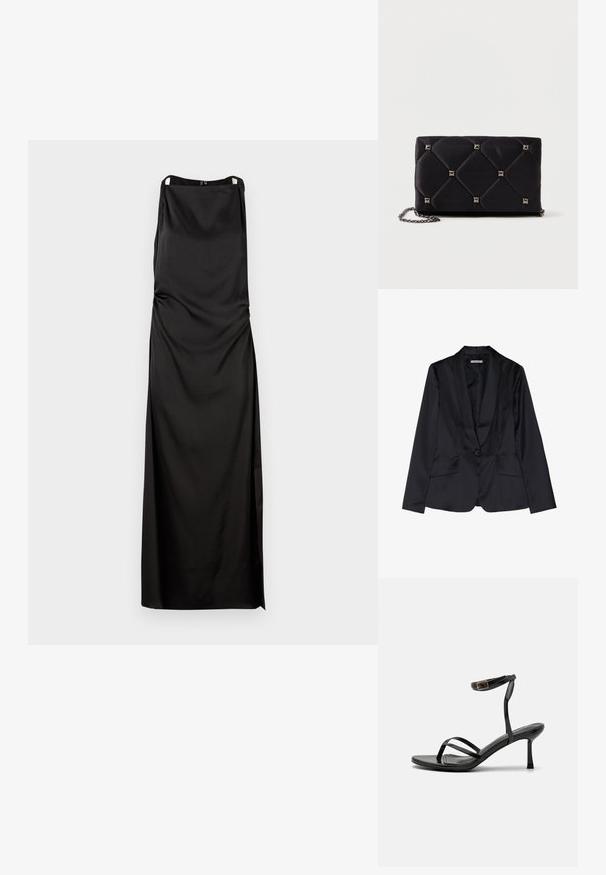 Schwarze Satin-Blazer mit Schalkragen, Ein-Knopf-Verschluss und zwei Vordertaschen. Glatte Textur und taillierte Passform.; Schwarzes ärmelloses Kleid mit gerader Silhouette, aus glattem Stoff gefertigt. Besitzt Raffung und einen seitlichen Schlitz für zusätzliche Details.; Schwarze High-Heels-Sandalen mit einem schmalen Riemendesign, glatter Textur, Knöchelverschluss und einer spitzen Fußspitze. Verstellbares Knöchelriemchen.; Schwarze, gesteppten Satin-Clutch mit silbernen Pyramidennieten, Kettenriemen, rechteckiger Form und glatter Oberfläche. Maße: 10 cm x 18 cm x 4 cm.