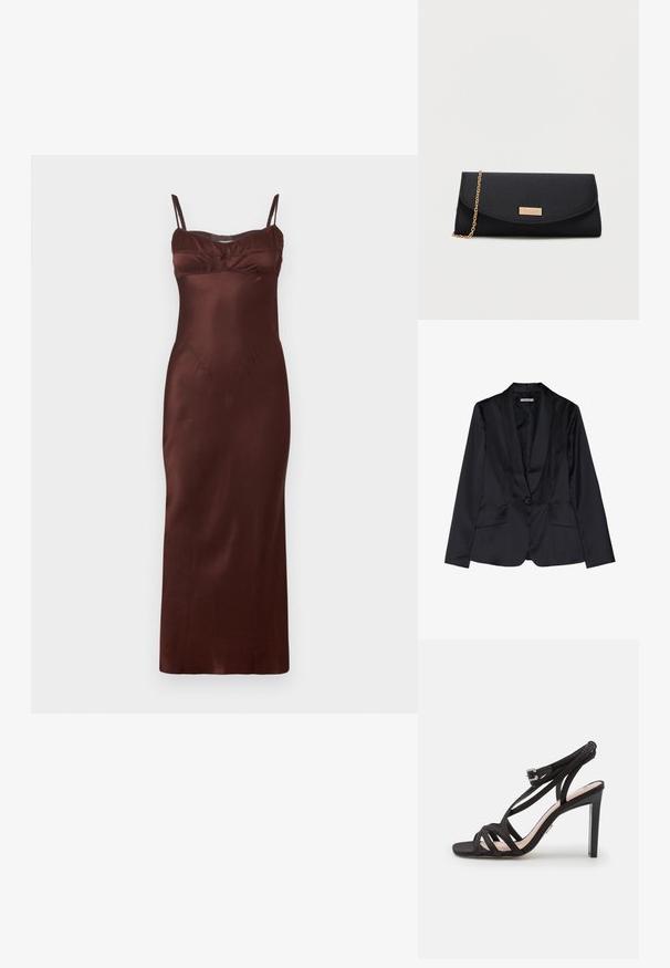 Sort satin blazer med sjalslapel, enkel knaplukning og to frontlommer. Glat tekstur og skræddersyet pasform.; Satin midi kjole i mørkebrunt med tynde justerbare stropper, tætsiddende overdel, rynkedetaljer ved brystet og glat tekstur.; Bronx ALADIN - Sandaler - black; Sort kuverttasker med en guldkæde-rem og et lille guld rektangulært logo-plakette på frontklappen.