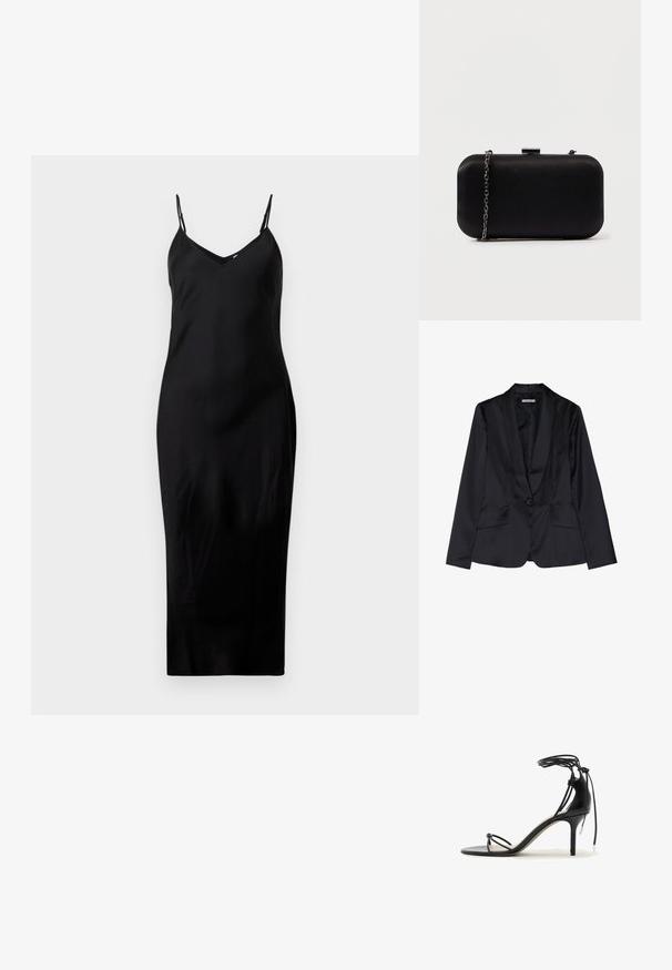Blazer de satén negro con solapa de chal, cierre de un solo botón y dos bolsillos frontales. Textura suave y corte entallado.; Vestido midi negro sin mangas con finos tirantes tipo espagueti y escote en V, exhibido sobre un fondo blanco liso.; Sandalia negra de tacón alto con finas tiras, lazo alrededor del tobillo y tacón de aguja de altura media sobre fondo blanco.; Clutch rectangular negro hecho de material suave. Cuenta con una correa de cadena desmontable y un cierre metálico en la parte superior. Diseño simple con bordes redondeados.