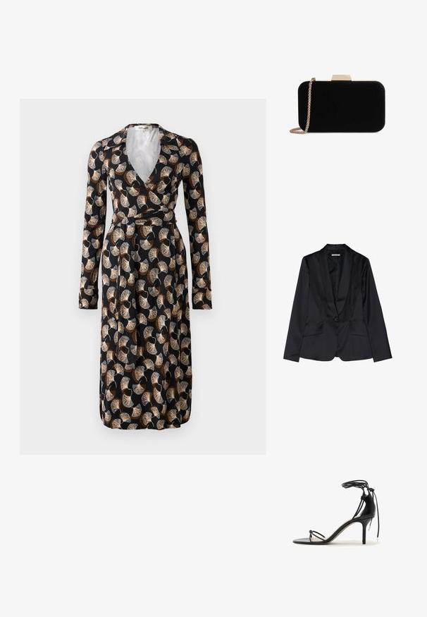 Blazer de satén negro con solapa de chal, cierre de un solo botón y dos bolsillos frontales. Textura suave y corte entallado.; Vestido negro de manga larga con patrón de hojas en forma de abanico en tonos marrón-beige, cuellos tipo polo y cinturón a la cintura.; Sandalia negra de tacón alto con finas tiras, lazo alrededor del tobillo y tacón de aguja de altura media sobre fondo blanco.; Clutch de terciopelo negro con herrajes en tono dorado, de forma rectangular y con correa de cadena, que presenta una textura suave y sin patrones visibles.