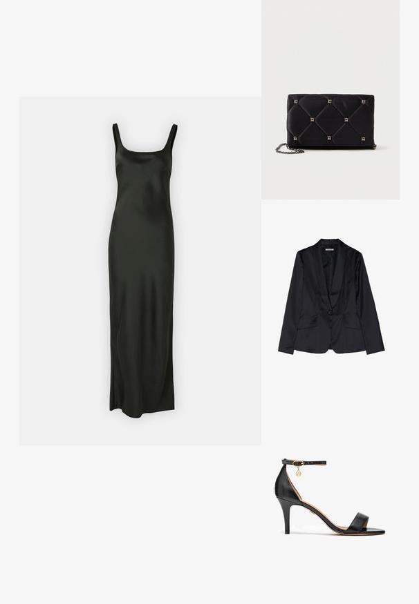 Čierny saténový sak s šálovým klopom, jedným gombíkom a dvoma prednými vreckami. Hladká textúra a prispôsobený strih.; Samsøe Samsøe SUNNA DRESS - Maxi šaty - black; Čierne kožené sandále na vysokom opätku s jedným pásikom cez prsty, pásikom okolo členku, zlatými detailmi a štíhlym ihlovým opätkom.; Čierna prešívaná saténová kabelka s striebornými pyramídovými cvočkami, retiazkovým popruhom, obdĺžnikovým tvarom a hladkým povrchom. Rozmery 10 cm x 18 cm x 4 cm.