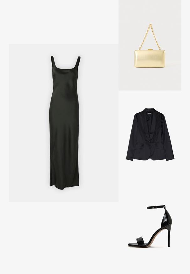 Zwarte satijnen blazer met een schouderkraag, sluiting met één knop en twee voorkruiszakken. Soepele textuur en getailleerde pasvorm.; Samsøe Samsøe SUNNA DRESS - Maxi-jurk - black; Zwarte lakleren hoge hak sandaal met een open teen, enkelbandje en een slanke, glanzende afwerking. Heeft een slank stiletto-hak.; Rechthoekige gouden clutch met glanzende afwerking, metalen sluiting en korte gouden kettinghengsel tegen een effen lichte achtergrond.