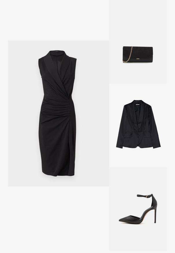 Blazer en satin noir avec un col châle, fermeture à un bouton et deux poches avant. Texture lisse et coupe ajustée.; Robe noire sans manches longueur genou avec devant croisé, détail froncé sur le côté, et col à revers large.; Pompe à talons hauts en cuir noir avec un bout pointu et une lanière de cheville. Caractéristiques : un talon aiguille et une texture lisse. Design simple avec des garnitures en or.; Porte-monnaie noir en daim avec une finition texturée, doté d'une chaîne dorée et d'un design épuré et angulaire.