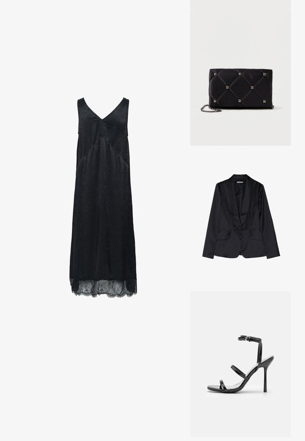 Sort satin blazer med sjalslapel, enkel knaplukning og to frontlommer. Glat tekstur og skræddersyet pasform.; Sort ærmeløs kjole med V-hals, tekstureret stof og blondedetalje i kanten. Har en diagonal syningsdetalje.; Sorte patentlæder højhælede sandaler med tre horisontale stropper og en justerbar ankelstrop. Elegant silhuet og skinnende finish.; Sort, kviltet satin clutch med sølvfarvede pyramidespidser, kædetræk, rektangulær form og glat overflade. Dimensioner: 10 cm x 18 cm x 4 cm.