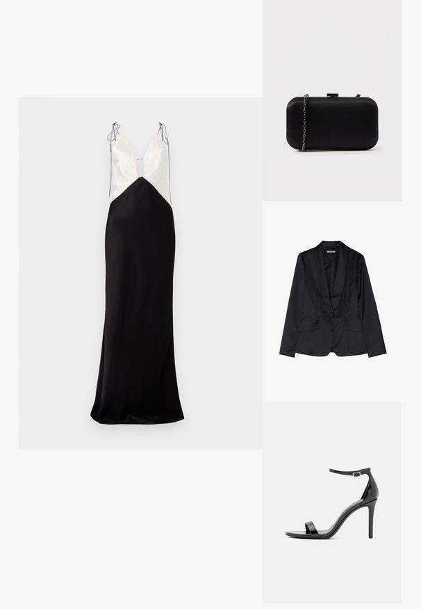Blazer en satin noir avec un col châle, fermeture à un bouton et deux poches avant. Texture lisse et coupe ajustée.; Robe longue sans manches avec une jupe en satin noir et un haut crème, dotée d'un décolleté en V et de détails décoratifs avec des nœuds aux épaules.; Sandale à talons hauts en cuir verni noir avec une fine bride de cheville, à bout ouvert, au design minimaliste et à la finition lisse et brillante.; Pochette rectangulaire noire en matériau lisse. Équipée d'une bandoulière en chaîne détachable et d'un fermoir métallique sur le dessus. Design simple avec des bords arrondis.