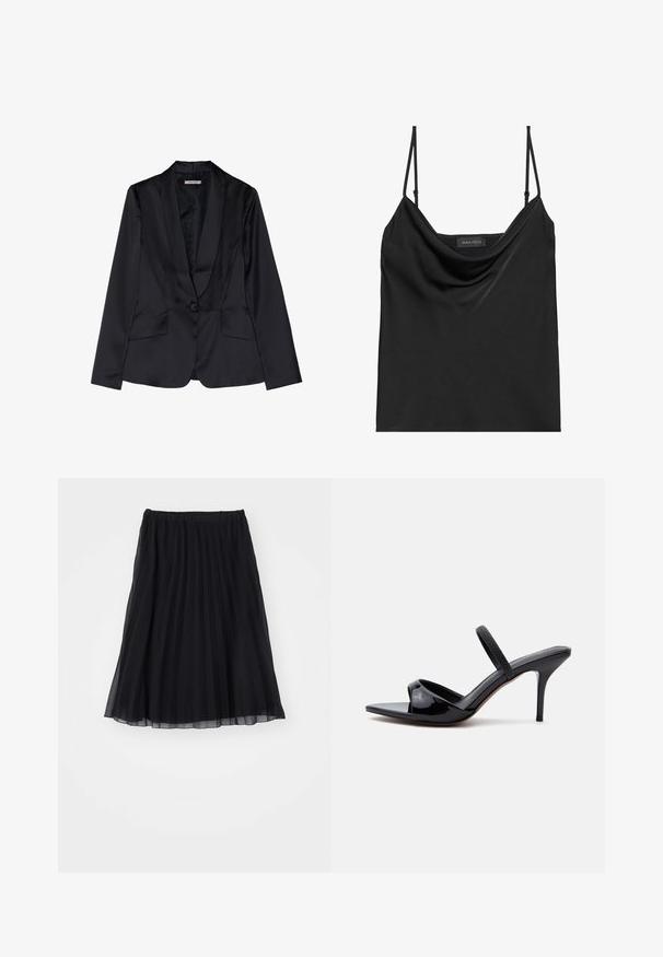 Blazer de satén negro con solapa de chal, cierre de un solo botón y dos bolsillos frontales. Textura suave y corte entallado.; Camiseta de tirantes negra con escote de cuerda y tirantes finos ajustables. Presenta una tela suave, un ajuste relajado y un diseño sencillo sin adornos.; Falda plisada negra de tela transparente, con cintura elástica. Su diseño fluido se extiende hasta la mitad de la pantorrilla, mostrando pliegues verticales.; Sandalia de tacón en charol negro con tacón stiletto fino, puntera cuadrada y una tira delgada sobre el empeine, mostrada sobre fondo blanco.