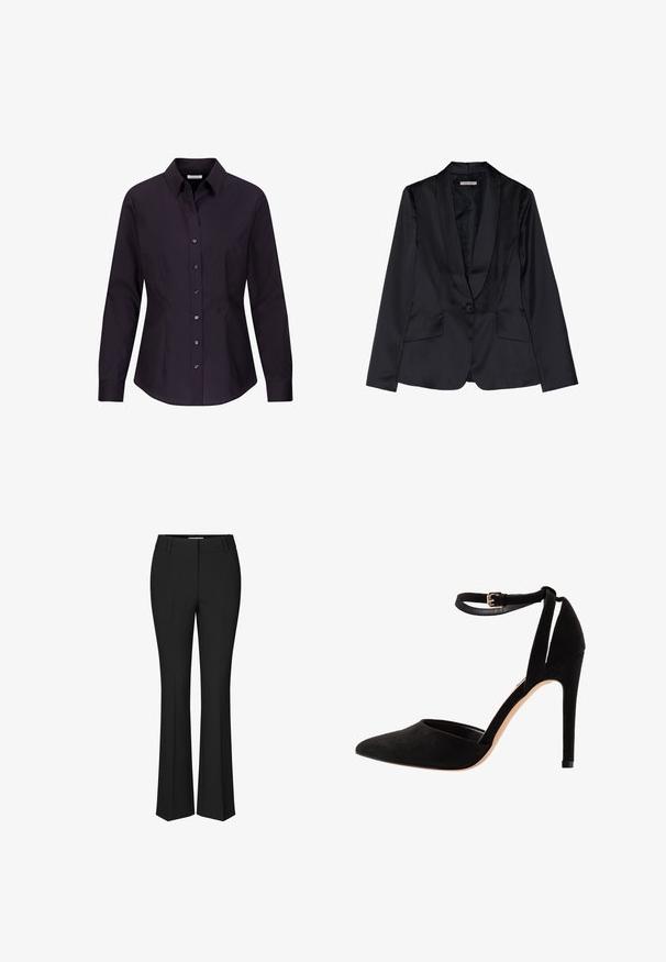 Sort satin blazer med sjalslapel, enkel knaplukning og to frontlommer. Glat tekstur og skræddersyet pasform.; Sort, langærmet, figursyet dame skjorte med knapper, krave og sømdetaljer på siderne, vist på hvid baggrund.; Sorte, lige ben dressbukser med bæltestropper og flad front, vist mod hvid baggrund. Ingen person er synlig.; Sorte ruskind højhælede sko med spids tå, ankelrem og stiletto hæl. Designet har en glat tekstur med minimal detaljer.
