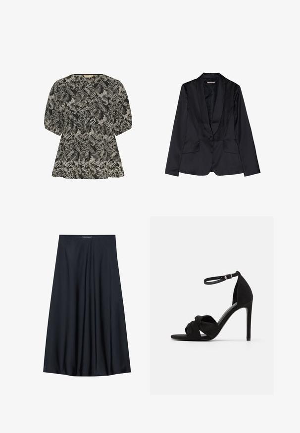 Blazer de satén negro con solapa de chal, cierre de un solo botón y dos bolsillos frontales. Textura suave y corte entallado.; Culture CUBroderie - Blusa - black whitecap; Falda negra, de largo hasta la rodilla, hecha de una tela ligera con un diseño fluido. Presenta una textura suave y pliegues sutiles como detalle adicional.; Sandalia de tacón alto de ante negro con un diseño de frente anudado, punta abierta, correa al tobillo con hebilla y un elegante tacón de aguja.