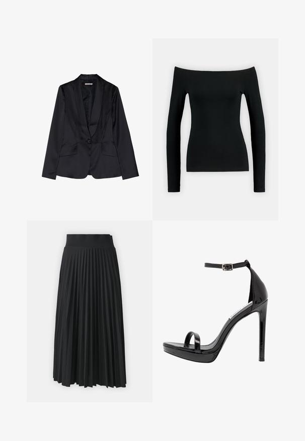 Sort satin blazer med sjalslapel, enkel knaplukning og to frontlommer. Glat tekstur og skræddersyet pasform.; Sort langærmet top med off-shoulder design. Fremstillet af glat stof, har det en tætsiddende form og sømløs konstruktion.; Sort plisseret nederdel med en bredtalje, prydet med ensartede lodrette folder. Glat tekstur med et svævende design.; Steve Madden MILANO - Højhælede sandaletter / Højhælede sandaler - black