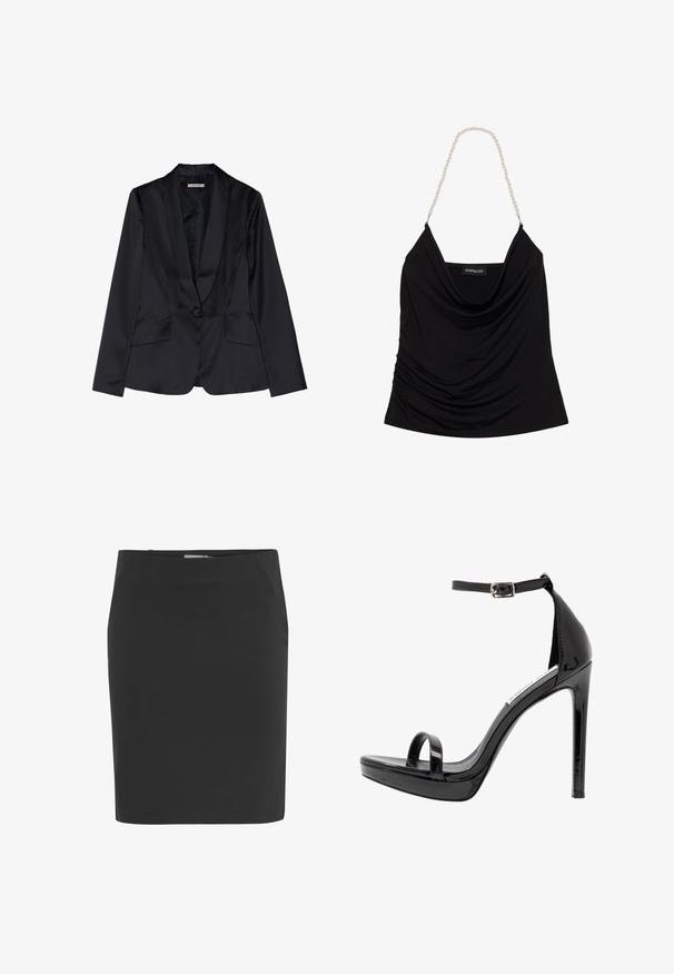 Sort satin blazer med sjalslapel, enkel knaplukning og to frontlommer. Glat tekstur og skræddersyet pasform.; Sort draperet tanktop med en løstsiddende halsudskæring og tekstureret stof. Har perlekædestrapper og et logomærke indeni.; Sort knælængde pencilskørt med lige pasform og lynlås i siden.; Steve Madden MILANO - Højhælede sandaletter / Højhælede sandaler - black