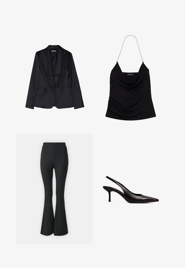 Schwarze Satin-Blazer mit Schalkragen, Ein-Knopf-Verschluss und zwei Vordertaschen. Glatte Textur und taillierte Passform.; Schwarzes, drapiertes Tanktop mit einem Wasserfall-Ausschnitt und strukturiertem Stoff. Verfügt über Perlenkettenträger und ein Logoschild im Inneren.; Schwarze ausgestellte Hosen aus elastischem Stoff. Sie haben einen hohen Bund und ein glattes, eng anliegendes Design, das ab dem Knie nach unten ausgestellt ist.; NA-KD Pumps - black