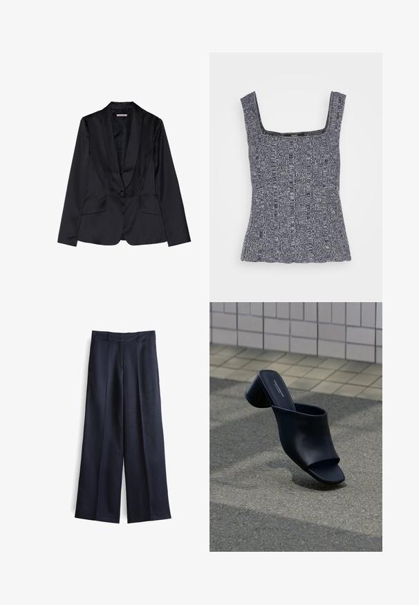 Zwarte satijnen blazer met een schouderkraag, sluiting met één knop en twee voorkruiszakken. Soepele textuur en getailleerde pasvorm.; Esprit Collection Top - navy; Wijd uitlopende broek in donker marineblauwe stof met een soepele textuur, voorzien van een voornaad, riemlussen en een op maat gemaakte tailleband.; Zwarte leren mule met open teen en blokhak, geplaatst op asfalt dichtbij een betegeld oppervlak op de achtergrond.