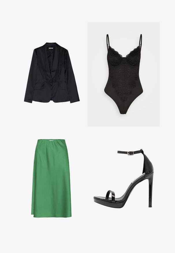 Zwarte satijnen blazer met een schouderkraag, sluiting met één knop en twee voorkruiszakken. Soepele textuur en getailleerde pasvorm.; IN THE STYLE LINGERIE BODYSUIT - Top - black; Groene satijnen rok met elastische tailleband, middenlengte, gladde textuur en een eenvoudig, vloeiend ontwerp zonder zichtbare patronen of accenten.; Steve Madden MILANO - Sandalen met hoge hak - black