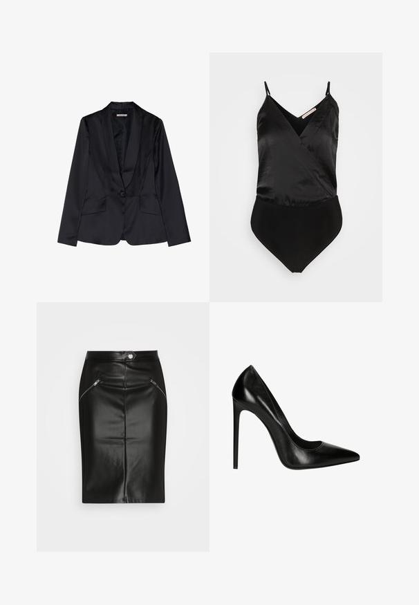 Schwarze Satin-Blazer mit Schalkragen, Ein-Knopf-Verschluss und zwei Vordertaschen. Glatte Textur und taillierte Passform.; Anna Field by Zalando Top - black; Schwarzer Leder-Bleistiftrock mit glatter Textur, ausgestattet mit zwei Reißverschlusstaschen auf der Vorderseite und einer taillierten Silhouette.; Schwarze Leder-Pumps mit hohen Absätzen, spitzer Zehenform und glatter Oberfläche. Verfügt über eine elegante Silhouette und einen Stiletto-Absatz.