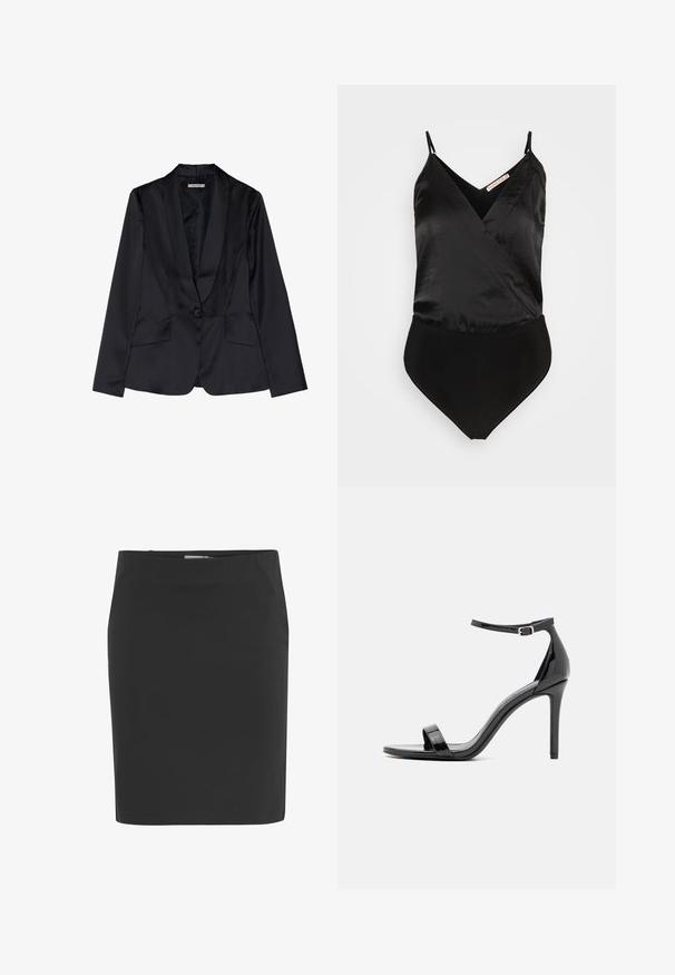 Zwarte satijnen blazer met een schouderkraag, sluiting met één knop en twee voorkruiszakken. Soepele textuur en getailleerde pasvorm.; Anna Field by Zalando Top - black; Zwarte kokerrok tot op de knie met rechte pasvorm en zijritssluiting.; Zwarte gepatineerde leren hoge hak sandalen met een slanke enkelband, open teen, minimalistisch ontwerp en een gladde, glanzende afwerking.
