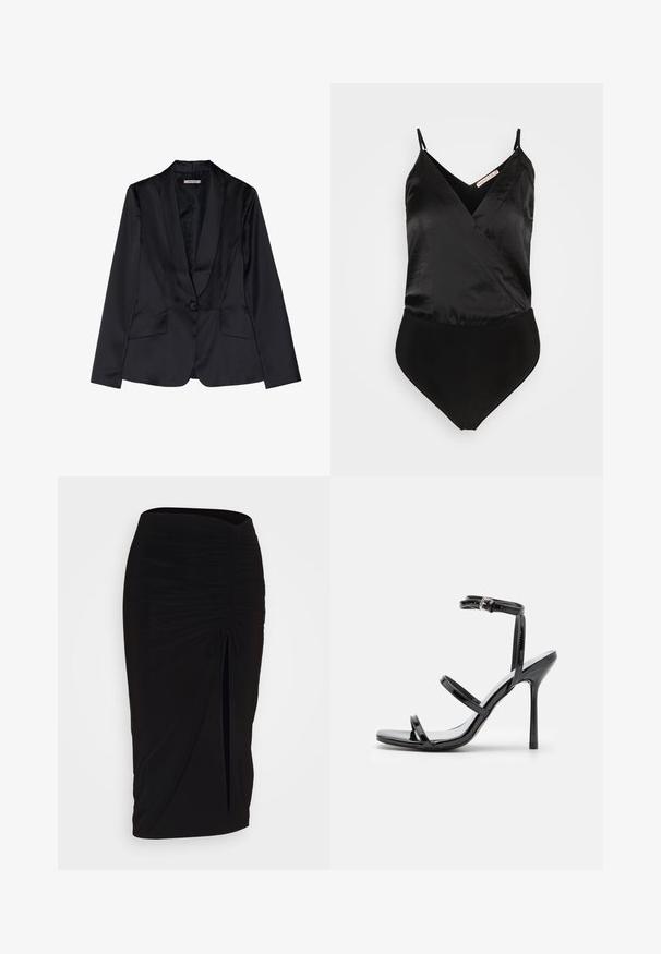 Blazer en satin noir avec un col châle, fermeture à un bouton et deux poches avant. Texture lisse et coupe ajustée.; Anna Field by Zalando Débardeur - black; Jupe crayon noire froncée avec détail à nouer et fente latérale. Fabriquée à partir d'un tissu extensible, elle présente une texture lisse et une coupe ajustée.; Sandales à talons hauts en cuir verni noir avec trois sangles horizontales et une sangle de cheville ajustable. Silhouette élégante et finition brillante.