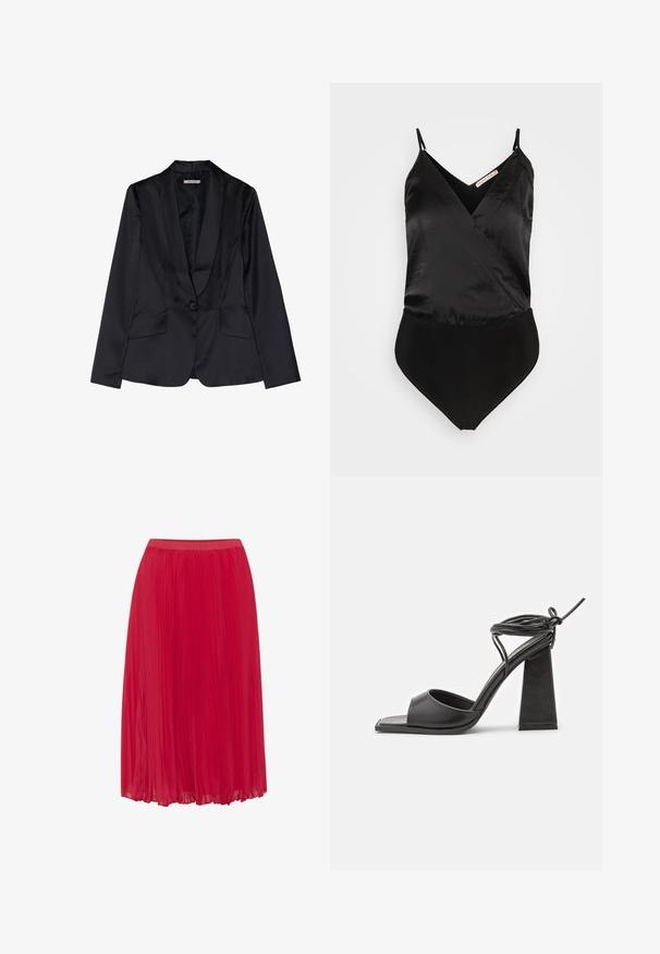 Sort satin blazer med sjalslapel, enkel knaplukning og to frontlommer. Glat tekstur og skræddersyet pasform.; Anna Field by Zalando Top - black; Rød plisseret nederdel i et glat, let materiale. Har en elastisk talje og et flydende design for nem bevægelse.; RAID ROBINA - Højhælede sandaletter / Højhælede sandaler - black