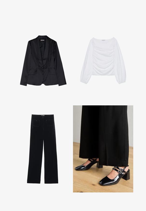 Blazer de satén negro con solapa de chal, cierre de un solo botón y dos bolsillos frontales. Textura suave y corte entallado.; Top de manga larga blanca con un escote amplio y detalles fruncidos en el frente. Confeccionado en una tela suave y con mangas voluminosas.; Pantalones de terciopelo negro de pierna ancha con dos bolsillos traseros y una textura suave, con un corte recto y un acabado dobladillo en los tobillos.; Zapatos de charol negro tipo slingback con puntera cuadrada, que cuentan con dobles correas ajustables en el tobillo y tacones en bloque. Acabado suave y brillante.