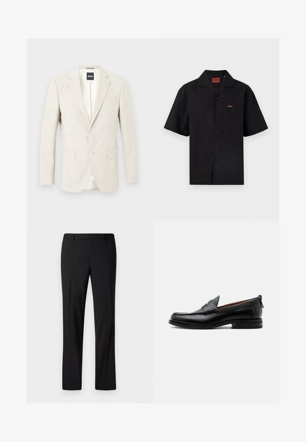Hellbeiger Herrenblazer mit zwei Knöpfen, Stegkragen, aufgeklappten Taschen und BOSS-Label innen im Kragen.; Schwarzes kurzärmeliges Hemd zum Knöpfen mit Camp-Kragen, kleinem roten "HUGO"-Logo auf der linken Brust und innen am Kragen.; Schwarze, maßgeschneiderte Hose mit geradem Bein, ausgestattet mit einer glatten Textur, gefaltetem Vorderteil und einem klassischen Bund für ein formelles Erscheinungsbild.; Schwarzer Leder-Herrenschuh mit Mokassinnaht, Penny-Riemen, strukturiertem Kragen und niedrigem gestapeltem Absatz auf weißem Hintergrund.