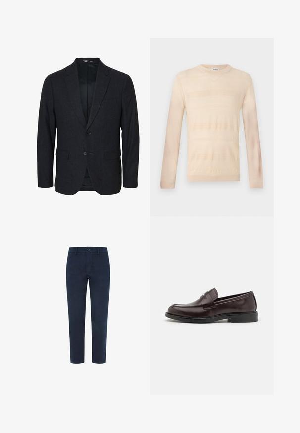 Blazer slim fit homme gris foncé avec deux boutons, col cranté et poches à rabat, présenté de face sur fond blanc.; Pull en tricot beige clair avec manches longues, mettant en avant un motif rayé texturé et un col rond. Finition en tissu lisse.; Chinos en coton bleu marine avec fermeture à bouton, jambes droites et texture lisse. Dispose de poches latérales et d'une poche arrière.; Mocassins en cuir marron avec une finition lisse, un bout arrondi, des détails de couture subtils et un talon en caoutchouc bas. Vue de côté affichée.