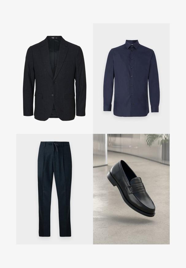 Blazer de hombre ajustado en gris oscuro con dos botones, solapa con muesca y bolsillos con solapa, mostrado de frente sobre un fondo blanco.; Camisa de botonadura en azul marino, hecha de una tela suave, con cuello clásico, mangas largas y siete botones negros en el frente.; Pantalones azul marino hechos de un tejido texturizado, con cintura con cordón, piernas rectas y dos pliegues frontales para un aspecto ajustado.; Mocasín de cuero negro con textura suave, punta puntiaguda y una correa decorativa a lo largo del empeine. Suela ligera, diseño minimalista.