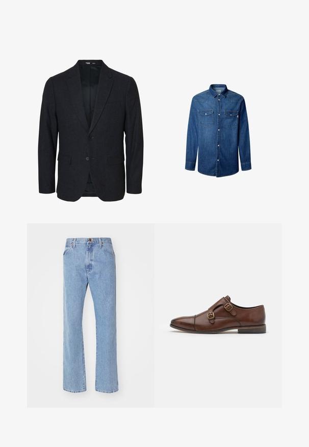 Dunkelgrauer Slim Fit Herrenblazer mit zwei Knöpfen, gekerbtem Revers und Pattentaschen, frontal auf weißem Hintergrund gezeigt.; Denimhemd in Navyblau mit durchgehender Knopfleiste, spitzem Kragen, zwei Brusttaschen und kontrastierenden Nähten. Langärmliges Design.; Hellblaue Jeans mit geradem Bein, Frontknopf- und Reißverschluss, Gürtelschlaufen und normalen Vordertaschen.; Braune Lederschuhe mit einem eleganten Design, ausgestattet mit zwei Gürtelschnallen in Goldton, einer spitzen Schuhspitze und einem niedrigen, gestapelten Absatz.
