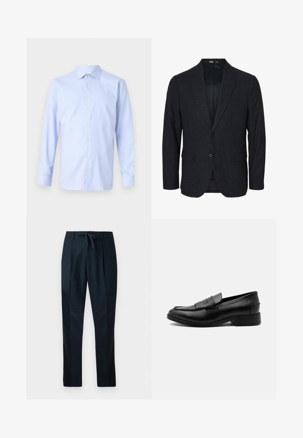 Mørkegrå slim fit herreblazer med to knapper, notch revers og lommer med klap, vist forfra på en hvid baggrund.; Lyseblå langermet skjorte med ternet mønster, knaplukning foran, spiss krave og subtil tekstur. Skreddersydd passform med knappede cuffs.; Marineblå bukser lavet af tekstureret stof, med elastisk talje, lige ben og to frontfældinger for et skræddersyet udseende.; Sort læder herre loafers med kvast detalje, rundet tå, lav hæl og glat poleret finish, vist fra siden på hvid baggrund.