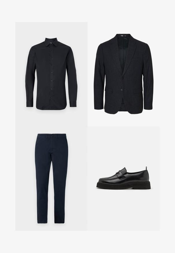 Dunkelgrauer Slim Fit Herrenblazer mit zwei Knöpfen, gekerbtem Revers und Pattentaschen, frontal auf weißem Hintergrund gezeigt.; Schwarzes Langarmhemd aus glattem Stoff mit klassischem Kragen, einem frontalen Knopfverschluss und geknöpften Manschetten.; Herren Slim-Fit schwarze Hose mit vorderem Knopf- und Reißverschluss, Gürtelschlaufen und Seitentaschen.; Schwarze Leder Slipper mit flacher, strukturiertem Sohlen, mit einer gestickten Zehenpartie und einem Riemen über dem Spann.