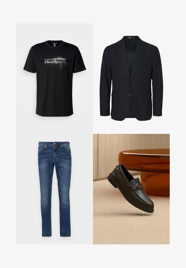Tmavosivé pánske slim fit sako s dvoma gombíkmi, s výrezom na golieri a s vreckami s klopou, zobrazené zozadu na bielom pozadí.; Čierne bavlnené tričko s krátkym rukávom a okrúhlym výstrihom, s grafickou potlačou "ANTONY MORATO" v šedej farbe, ktorá má detaily kvapiek.; Tmavomodré denimové nohavice so strihaním rovného strihu, piatimi vreckami, jemným vyblednutím, kontrastným šitím a zapínaním na gombík v páse.; Čierna kožená obuv bez šnúrok s prešívanými detailmi, zvýšeným golierom a plochou gumovou podrážkou, umiestnená nad mäkkým béžovým povrchom.