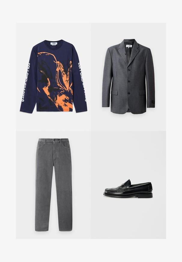 Blazer gris hecho de tela texturizada, con solapas de muesca, tres botones frontales, dos bolsillos laterales y un bolsillo en el pecho.; Camiseta de manga larga de color navy hecha de algodón, con un diseño abstracto en naranja y negro. El texto en la manga dice "SIGUE AL CONEJO."; Pantalones de pana gris con corte recto, que cuentan con dos bolsillos delanteros, cierre de botón y estrías verticales texturizadas.; Hereu NOMBELA - Zapatos sin cordones - black