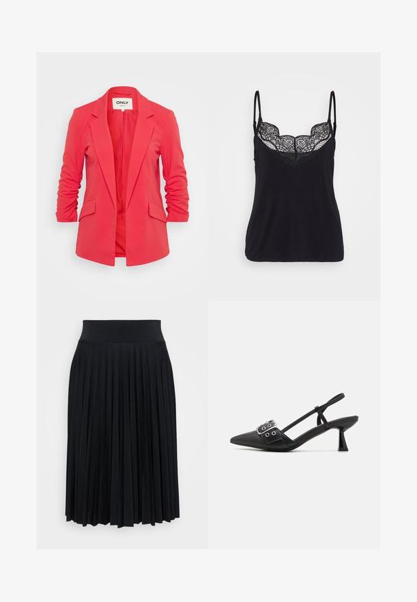 ONLY Petite ONLCAROLINA DIANA - Blazer - raspberry; Top sin mangas negro con tirantes ajustables, que presenta un diseño de encaje alrededor del escote y un cuerpo de algodón suave.; Falda negra plisada con una cinturilla ancha, hecha de un material suave. Presenta pliegues verticales para añadir textura y fluidez.; Simmi London DALA - Tacones - black
