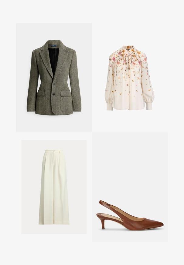 Nette damesblazer met zwart-beige visgraatpatroon, met notch-revers, twee knopen en klepzakken.; Roomkleurige blouse met lange mouwen en een bloemenprint in roze, oranje en bruin, voorzien van een hoog opgestikte halslijn en een knoopsluiting aan de voorkant.; Crèmekleurige broek met wijde pijpen gemaakt van gladde stof, met een hoge taille, twee plooien aan de voorkant en een enkele knoopsluiting.; Bruine leren damesslingback met puntige neus en lage kittenhak op witte achtergrond.