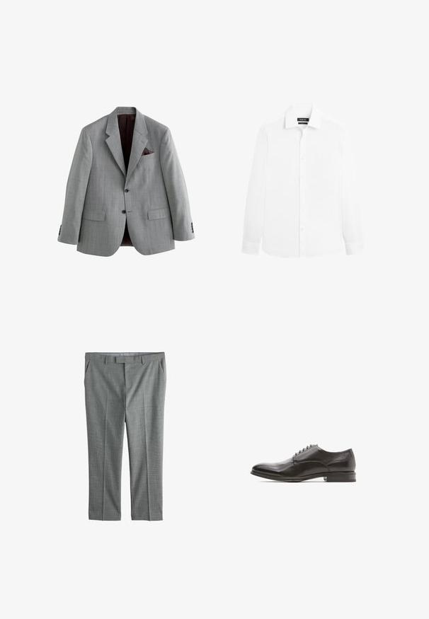 Grå herreblazer med to knapper, notch revers, klaplommer og et mørkerødt lommetørklæde, vist på en hvid baggrund.; Hvid herreskjorte med lange ærmer, krave og knapper foran, vist på en ensfarvet hvid baggrund.; Grå mønstrede bukser med flad front, sidelommer og bæltestropper. Materialet virker glat med en subtil tekstur og skræddersyet pasform.; Sorte læder dresssko med rund tå, glat overflade, seks øjer til snøring, og en flad hæl med en let glans.