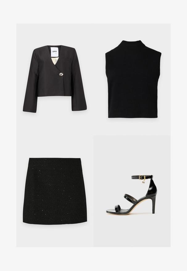 Sort cropped jakke med omslagsdesign, lange ærmer, dyb V-hals og en enkelt sølvknap som detalje. Inkluderer en brystlomme.; Sort ærmeløs turtleneck-top med en tætsiddende pasform, lavet af blødt stof, med en ribbet halsudskæring og en glat overflade.; Sort struktureret mini nederdel med subtile glitrende prikker, lige snit, og uden synlige dekorationer eller mønstre.; Sorte patenterede lædersandaler med tre stropper, ankelspænde og 10 cm stiletthæl. Har detaljer i guld og et logo charms.