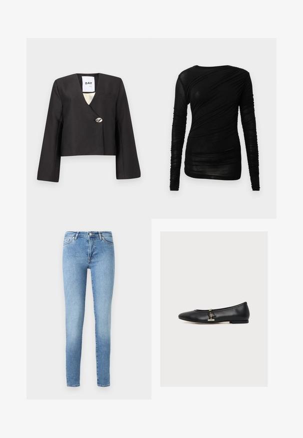 Zwarte cropped jas met een overslagontwerp, lange mouwen, een diepe V-hals en een enkele zilveren knoop als accent. Voorzien van een borstzak.; Zwart shirt met lange mouwen, voorzien van een aansluitend ontwerp met geplooide textuur en een ronde halslijn, gemaakt van een lichtgewicht, doorschijnende stof.; Lichtblauwe skinny jeans van denim, met een klassieke vijf-pocketontwerp, subtiele vervaging en een standaard tailleband met een ritssluiting.; Zwarte leren ballerina met een kleine gouden gesp aan de zijkant, lage hak en afgeronde neus, in profiel getoond op een witte achtergrond.
