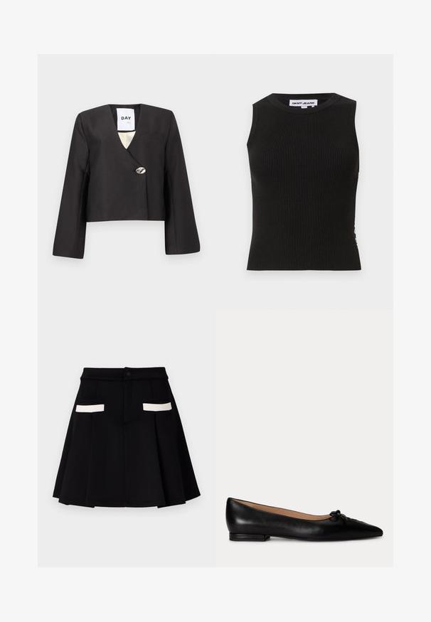 Sort cropped jakke med omslagsdesign, lange ærmer, dyb V-hals og en enkelt sølvknap som detalje. Inkluderer en brystlomme.; Sort ribbet tanktop med rund halsudskæring, der har en tætsiddende pasform og subtil tekstur. Ribben strækker sig gennem hele stoffet.; Sort nederdel med en udsvinget design, der har to frontlommer med hvide detaljer, en knaplukning, og en glat stoftekstur.; Sort lædersko med flad hæl, spids tå og lille sløjfedetalje på toppen, lav hæl og beige indvendig beklædning.
