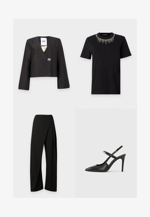 Chaqueta negra corta con diseño cruzado, mangas largas, escote en V profundo y un solo botón plateado como detalle. Incluye un bolsillo en el pecho.; Camiseta negra de manga corta hecha de algodón, con un cuello decorativo de strass en patrón de ráfaga. Diseño ligero y ajustado.; Pantalones negros de pierna ancha con un panel envolvente en el frente y un cierre de botón en la cintura, mostrados sobre un fondo blanco.; Tacones altos slingback de cuero negro con punta afilada, diseño con recortes y correa ajustable con herrajes metálicos.