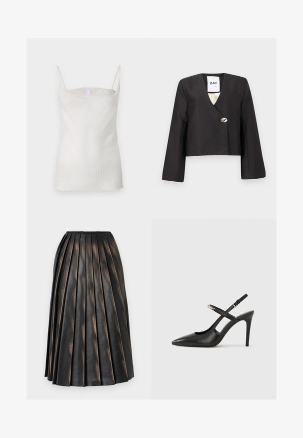 Veste courte noire avec un design noué, manches longues, col en V profond et un bouton argenté unique en accent. Comprend une poche poitrine.; Haut sans manches blanc avec une partie supérieure lisse et une texture plissée en bas. Dispose de fines bretelles et d'un ourlet droit.; Jupe midi plissée noire avec une finition texturée légèrement brillante et un petit logo près de la ceinture.; Escarpins slingback en cuir noir avec bout pointu, design ajouré et bride ajustable ornée de ferrures métalliques.