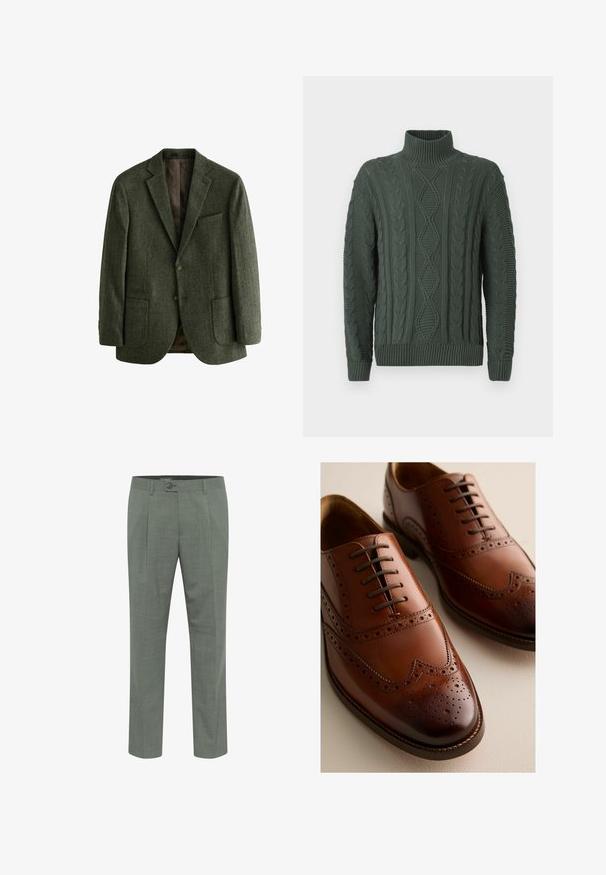 Grüner Herringbone-Wollblazer mit zwei Fronttaschen, einer Knopfschluss, und eingeklappten Revers; gefüttert mit einem gemusterten braunen Stoff.; Dunkelgrüner Strickpullover mit Rollkragen, versehen mit Diamant- und Zopfmuster, sowie gerippten Bündchen und Saum.; Maßgeschneiderte grüne Hosen mit strukturierter Oberfläche, ausgestattet mit einem einzelnen Knopfverschluss und einem gefältelten Vorderdesign. Gerader Beinabschluss.; Polierte braune Oxford-Schuhe aus Leder mit Brogue-Verzierungen und geschlossener Schnürung auf heller Oberfläche, aus Front- und Seitenansicht gezeigt.