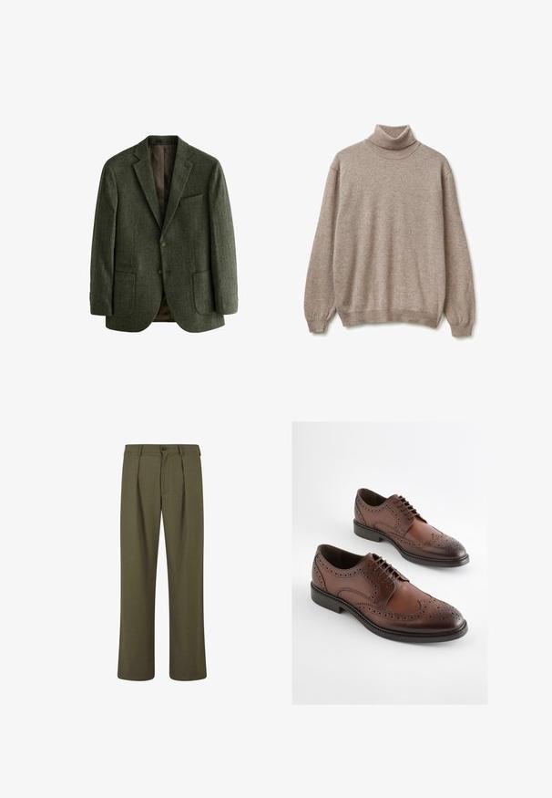 Blazer en laine vert en chevrons avec deux poches avant, fermeture à un bouton et revers crantés ; doublé d'un tissu marron à motifs.; Pull à col roulé beige en tissu tricoté doux. Il possède des manches longues et un ourlet côtelé. Design simple et confortable avec un minimum de détails.; Pantalons vert olive avec une coupe ajustée, présentant des plis à l'avant, une fermeture à bouton et des jambes droites. Texture de tissu lisse.; Chaussures habillées brogue en cuir marron avec détails perforés et semelles noires, présentées côte à côte sur un fond blanc.
