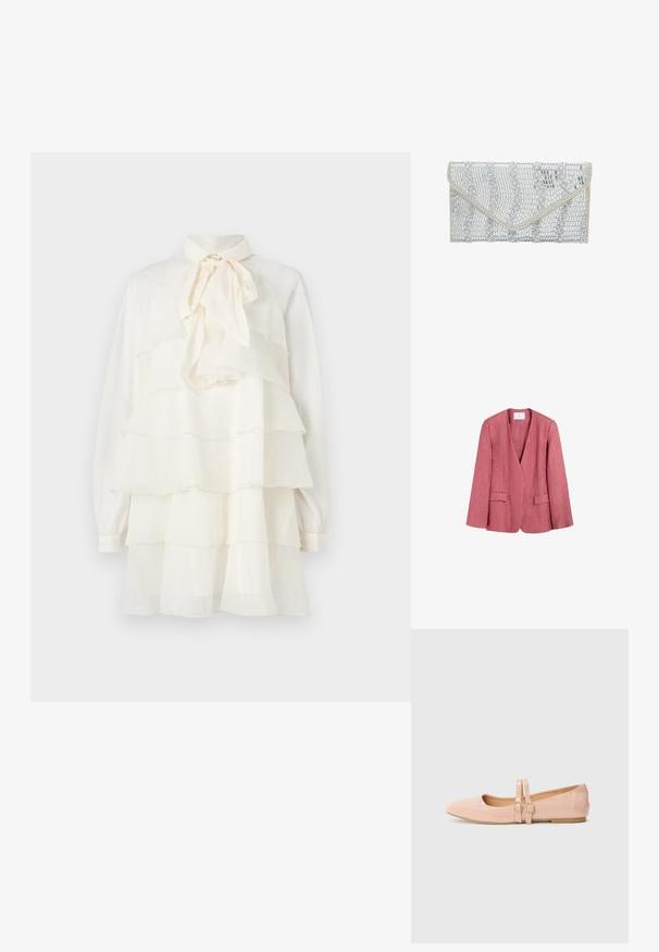 Pink tekstureret blazer med lange ærmer, kravefri design, to forlommelommer med klap og en dyb V-halsudskæring.; Hvid lagdelt kjole med slipskrave, lagdelte flæser, lange ærmer og knapmanchetter; letvægtsstof med en glat tekstur.; Sart rosa patentlæder balletflade med spids tå, der har to justerbare remme og en lav, flad gummisål.; faina Clutches - silver coloured