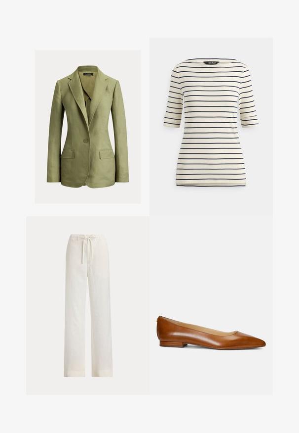 Blazer ajusté vert olive à un seul bouton, avec revers crantés, poches à rabat et taille cintrée, confectionné dans un tissu texturé.; Chemise à manches trois-quarts rayée crème et bleu marine, avec encolure bateau et légères fentes latérales à l'ourlet.; Pantalon blanc ample avec taille élastique et cordon, présenté sur un fond uni.; Chaussure plate en cuir marron à bout pointu pour femme, avec un petit talon et une finition lisse, montrée de profil sur fond neutre.